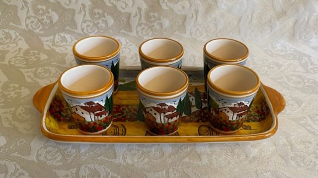 Set of 6 limoncello glasses with Tuscan landscape tray with orange edge
