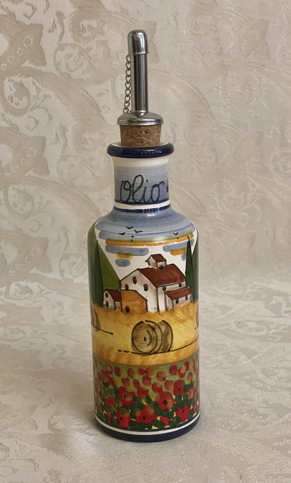 Ampolla cilindro h16 olio con paesaggio toscano papaveri 