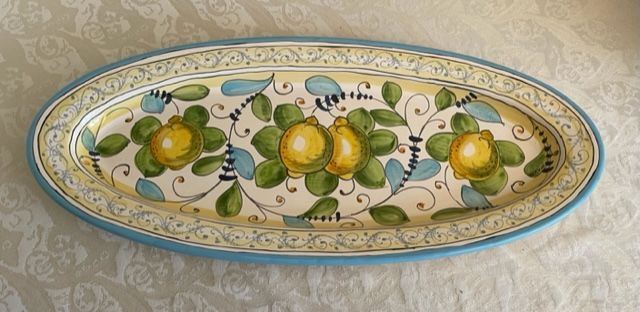 Oval tray 50x20 cm with lemons, green and light blue leaves
