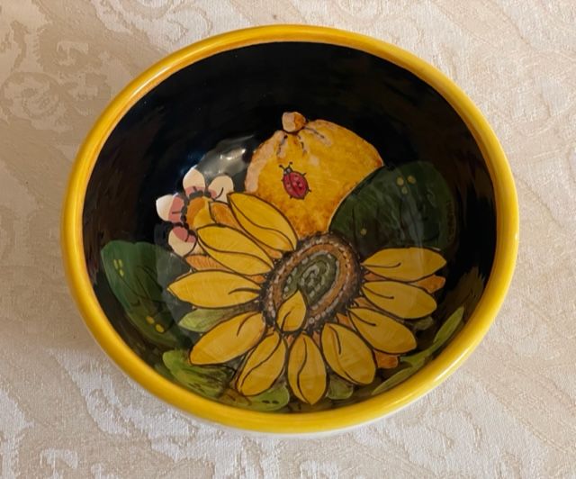 bowl D14 h6 Sunflower, lemons & grapes on a black background