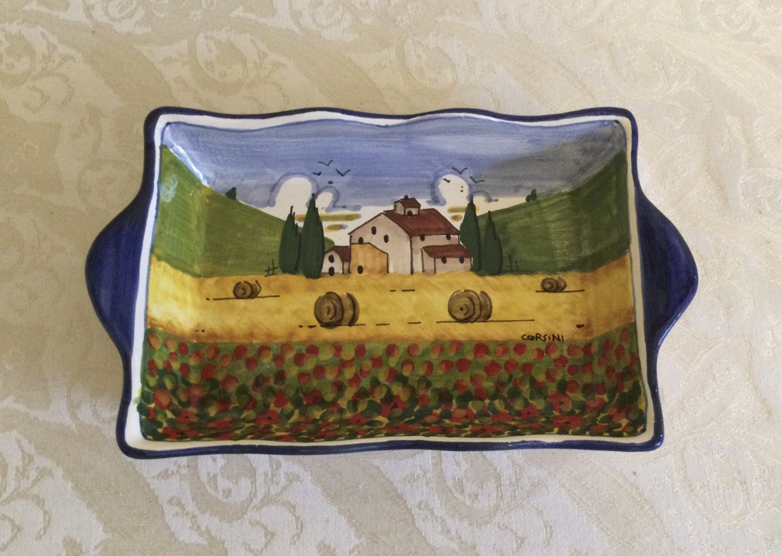 Rect baking dish 21x12 cm Tuscan landscape with poppies blue border