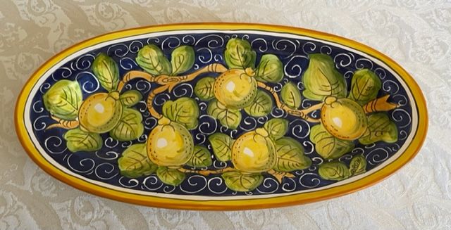 Oval tray 41x21 cm with lemons on a blue background