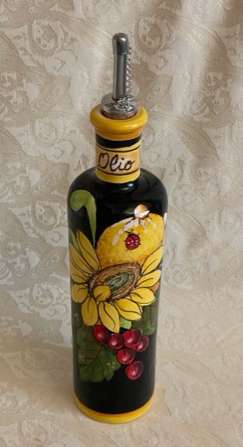 Cylinder cruet (oil) h25 Sunflower, lemons & grapes on a black background