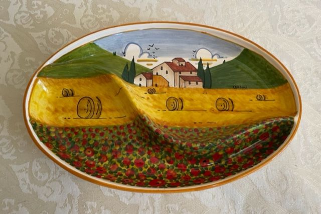 Oval hors d'oeuvre dish 30x20 Tuscan landscape with poppies and orange edge