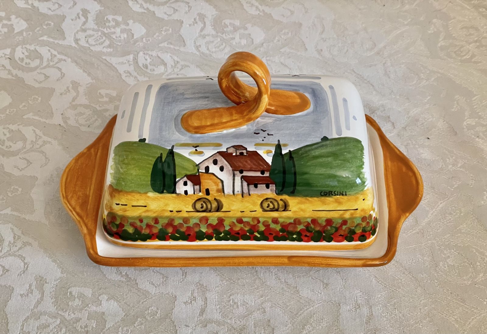Butter dish with Tuscan landscape with poppies and orange border cm 20x12,5