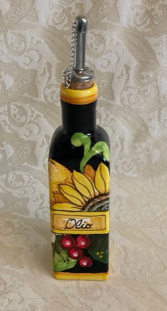 Square cruet (oil) h18 Sunflower, lemons & grapes on a black background