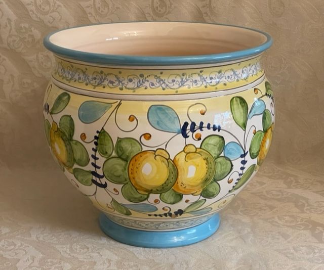 Cachepot D25 with lemons and green and light blue leaves