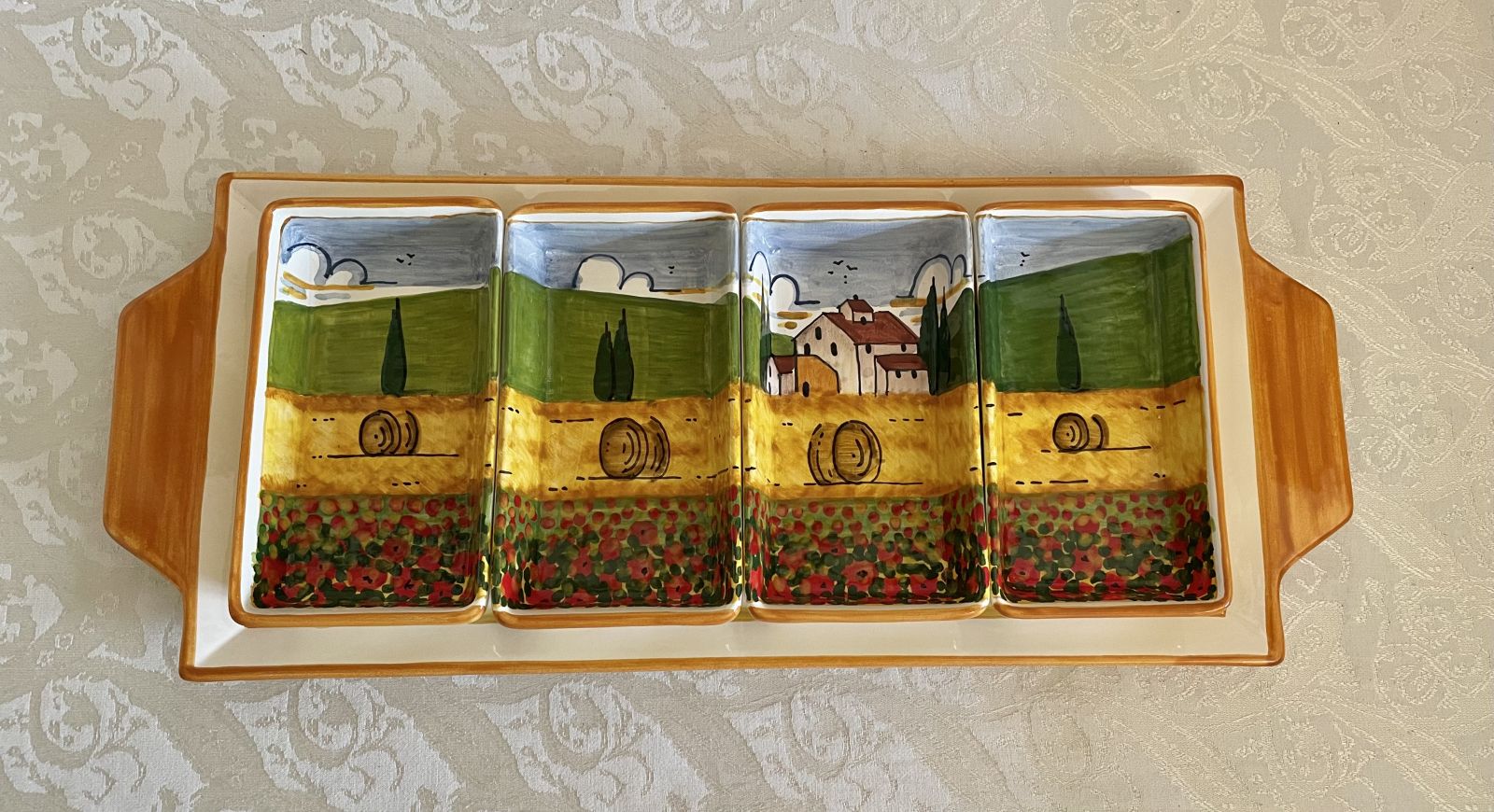 Rectangular hors d'oeuvre dish 44x17 cm with tray and 4 bowls with Tuscan landscape and poppies