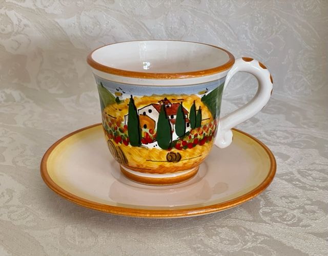 Tea cup with plate Tuscan landscape road orange border cm 10h9