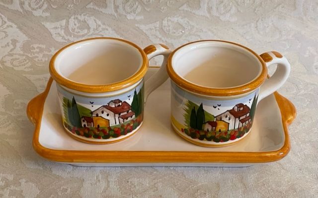 Set 2 tazzine caffè con vassoietto paesaggio toscano papaveri bordo arancio 