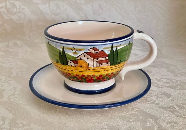Breakfast cup with plate 11xh8 cm Tuscan landscape poppies blue border