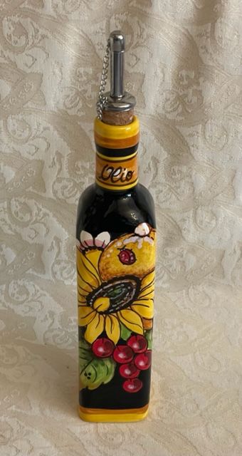 Square cruet (oil)h25 Sunflower, lemons & grapes on a black background